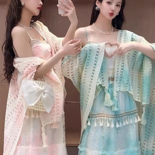 Simia Tie-Dye Travel Shawl, Retro Ethnic Style Summer Heavy-Duty Outer Wear, Versatile Tassel Lace Cape