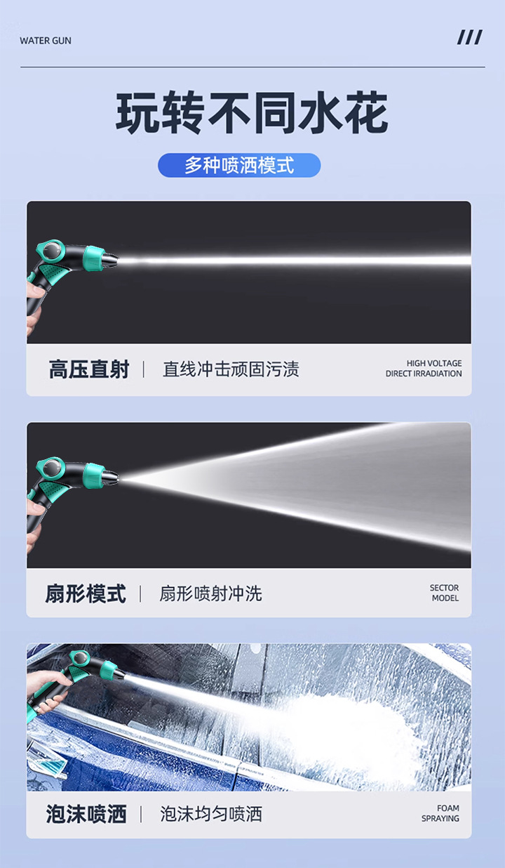 High-pressure water gun car wash nozzle, household cleaning foam spray bottle, retractable hose, hose connected to tap water, pressure-boosting gun head