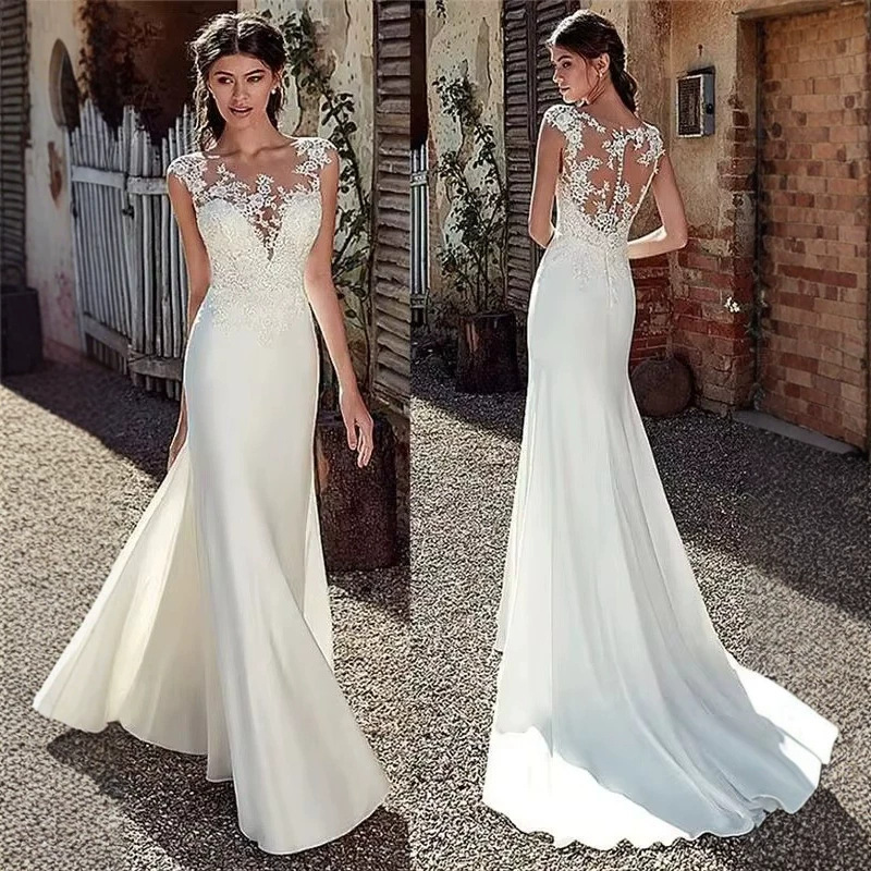 Lace fishtail wedding dress for women, slim fit with a small train, simple and elegant, suitable for outdoor lawn weddings, white bridal gown Lace fishtail wedding dress for women, slim fit with a small train, simple and elegant, suitable for outdoor lawn weddings, white bridal gown