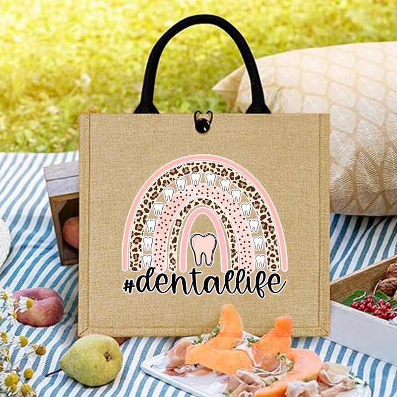 Interesting Teeth and Rainbow Print Jute Tote Bag, Large Capacity Durable Beige Fabric Handbag Interesting Teeth and Rainbow Print Jute Tote Bag, Large Capacity Durable Beige Fabric Handbag