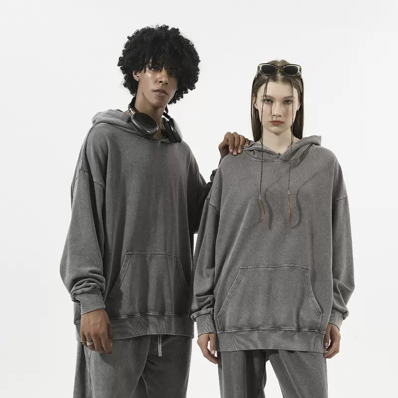 380g欧美式水洗落肩帽衫做旧卫衣卫裤定制印logo复古连帽oversize