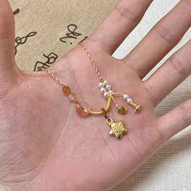 新中式金色福星吊坠珍珠平安扣手工编织项链女国风复古锁骨链项饰
