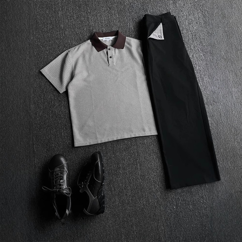 Brown Spliced Houndstooth Polo Shirt Summer Clothes American Cleanfit Old Money Style Short-Sleeved T-Shirt for Men