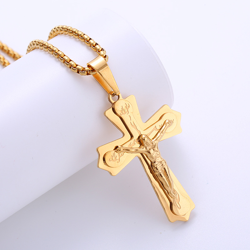 304 Stainless Steel Chain Material box chain Chain Type 1 Piece Quantity Holiday, Street Occasion PVD Coated 18K Gold Plated Cross 304 Stainless Steel Retro Waterproof Non Tarnish 304 Stainless Steel Pendant Necklace