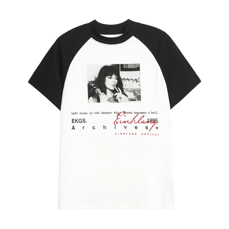 American retro color-blocked raglan short-sleeve T-shirt for men and women with vintage portrait print, slim fit, regular shoulder top
