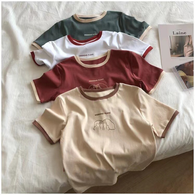 Color-Blocked Slim-Fit Short-Sleeve T-Shirt for Women, 2025 Summer New Style, Base Shirt for Students, Casual Korean Style Top, Foreign Trade Women's Clothing
