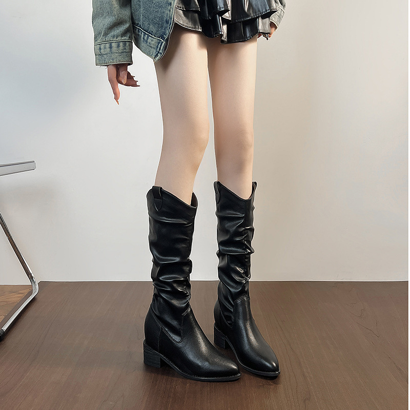 法式复古褶皱堆堆靴女2025秋冬新款西部牛仔靴绒面方头粗跟长筒靴|undefined