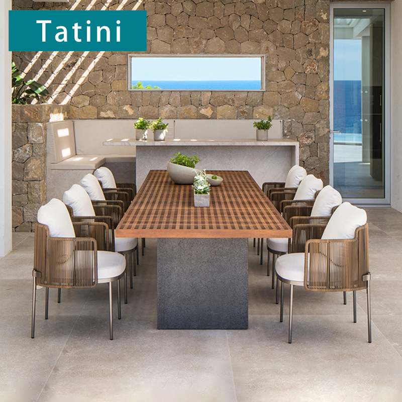 Conjunto de mesa y sillas de ratán para exteriores, combinación de sillas de ratán para patio, balcón o terraza, muebles de jardín con mesa larga para descanso. image 1