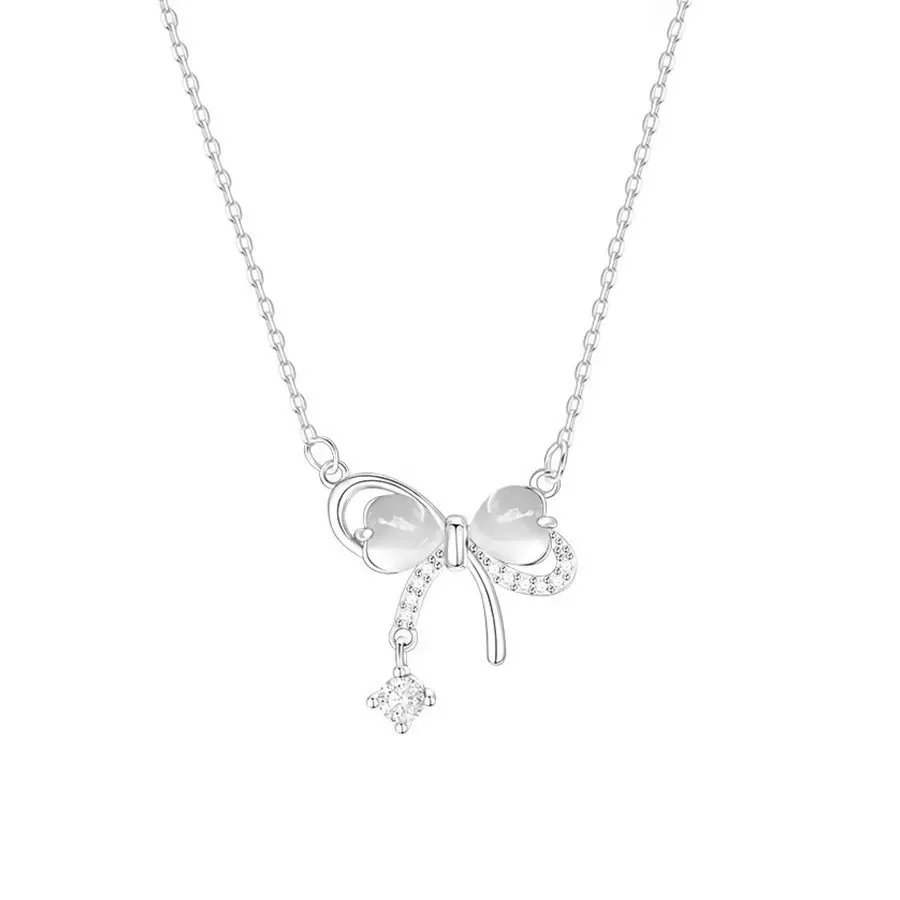 新款S999纯银猫眼石蝴蝶结银饰项链女轻奢小众生日礼物锁骨链批发