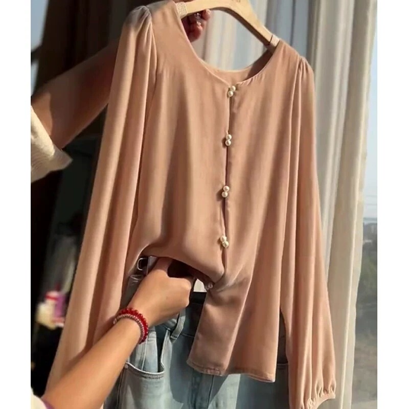 High-End Accessible Luxury Pink Single-Breasted Long-Sleeved Shirt 2025 Autum New Elegant National Style Velvet Round Neck Shirt
