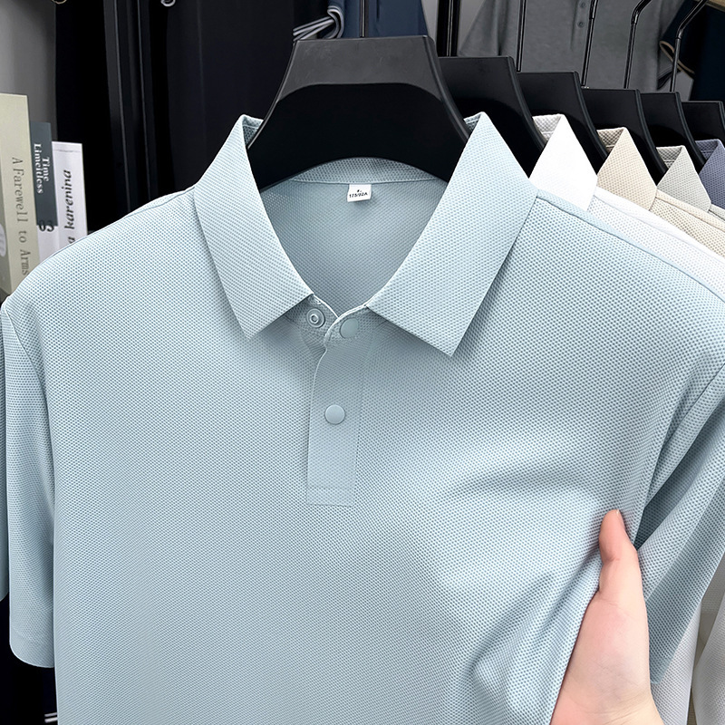 Ice Silk Short-sleeved POLO Shirt Men's High-end Sense Summer Thin Full-cut Brocade Spandex Stretch Lapel POLO Top