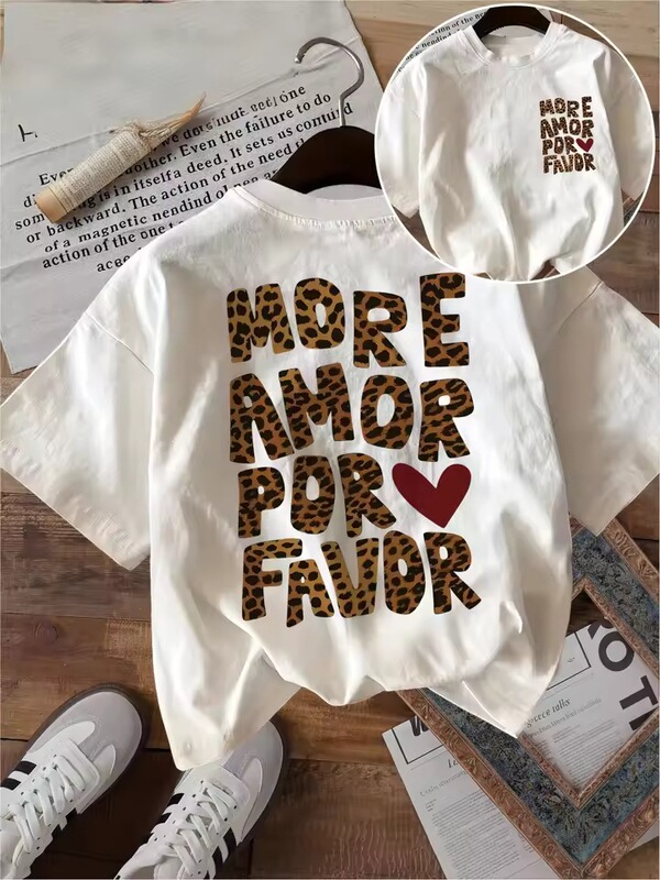 Women's Leopard Print Letter Pattern T-Shirt Cute Heart-Shaped Cheetah Shirt Vintage Aesthetic Summer Short Sleeve