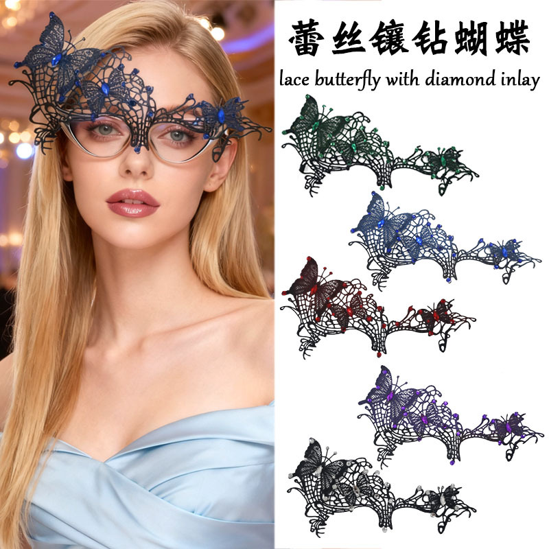 Venecia máscara de mariposa de encaje negro con gafas especiales máscara de carnaval de diamante sexy