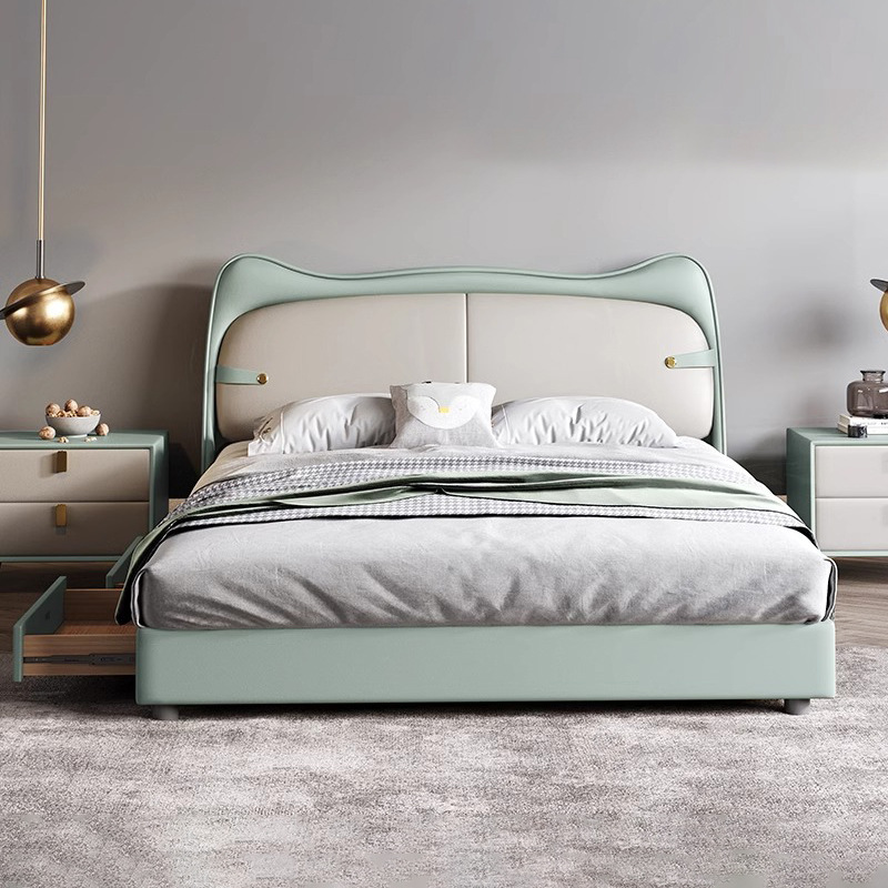 Cama infantil, cama de niña, cama de princesa, cama de orejas de gato moderna y simple con cajón de almacenamiento, cama de cuero de madera maciza pequeña