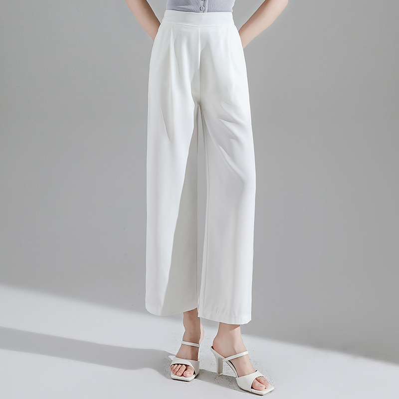 2027 Ice Silk White Wide-Leg Pants for Petite Women, Summer Thin Nine-Point Loose Fit with Elastic Waist, Plus Size for Curvy Moms