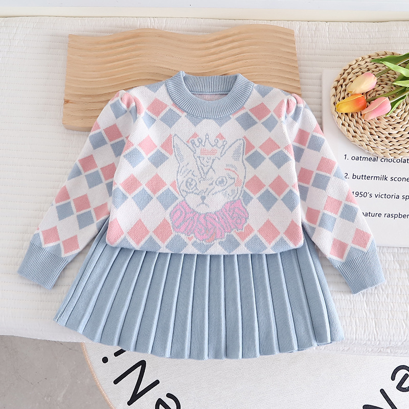 Children's Spring and Autumn New Cartoon Knitted Two piece Set Cardigan Girl Cute Tiger Head Sweater Skirt_voghion.com