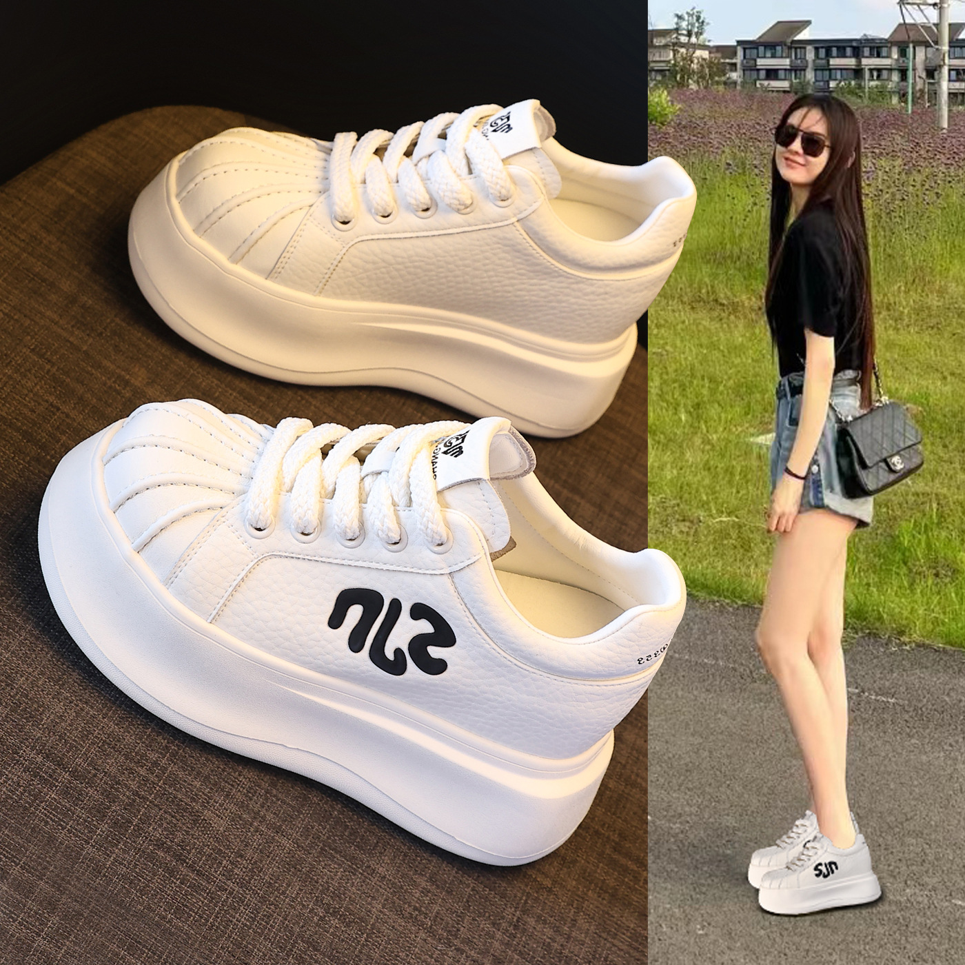 Giày sneaker nữ đế dày tăng chiều cao phong cách thời trang đa năng — màu trắng