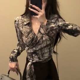 纯欲扎染设计感V领绑带衬衫女2026年春夏季修身显瘦长袖衬衣ins潮