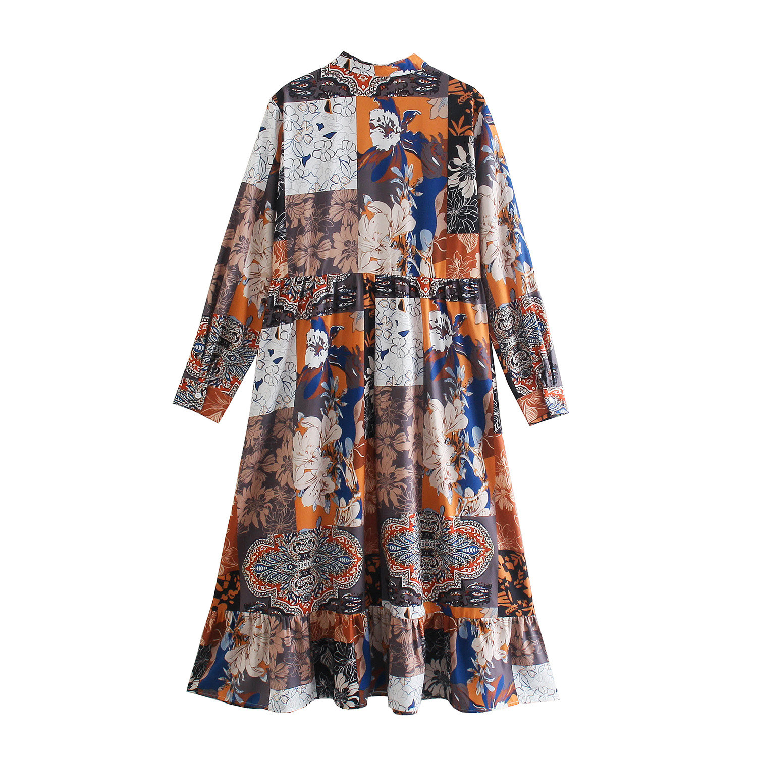 Contrast Color Floral Print Long-Sleeved Shirt Dress NSXFL107098