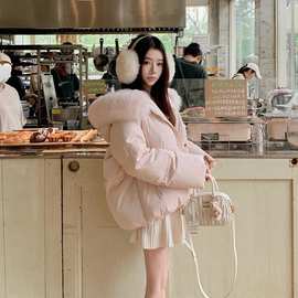 粉色狐狸大毛领连帽短款棉服女2025年冬季韩版宽松加厚保暖外套
