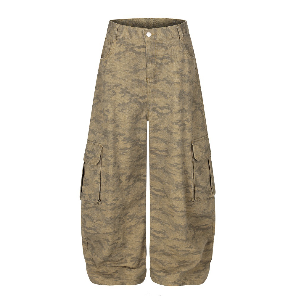 Punk-Cargohose für Herren in dunkler Camouflage-Optik, locker geschnitten, mit weitem Bein und vielen Taschen – trendige Marke_voghion.com