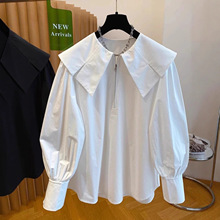 纯棉大码白色衬衫女长袖2025秋宽松减龄胖mm灯笼袖衬衣上衣A6444