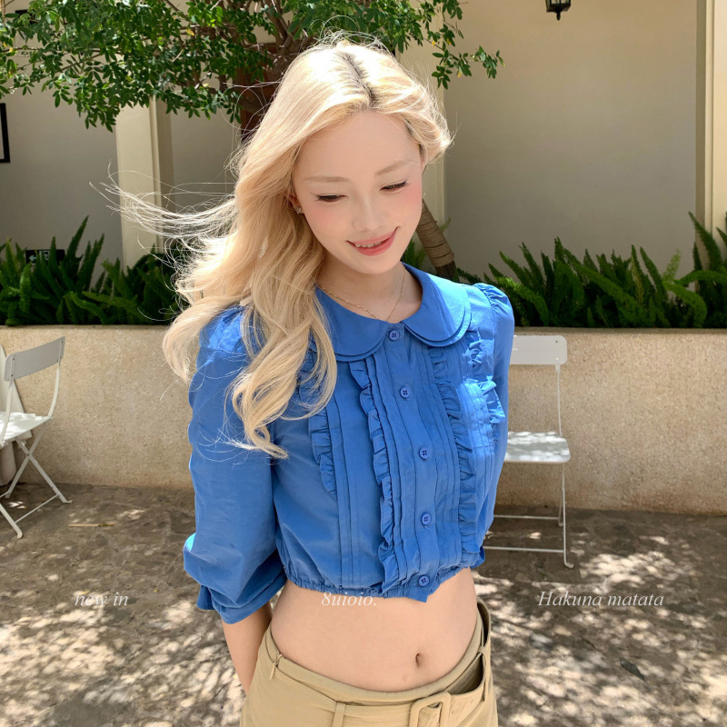 Original quality! Women's summer slim-fit blouse with ruffled Peter Pan collar and short sleeves, featuring a flattering crop top.