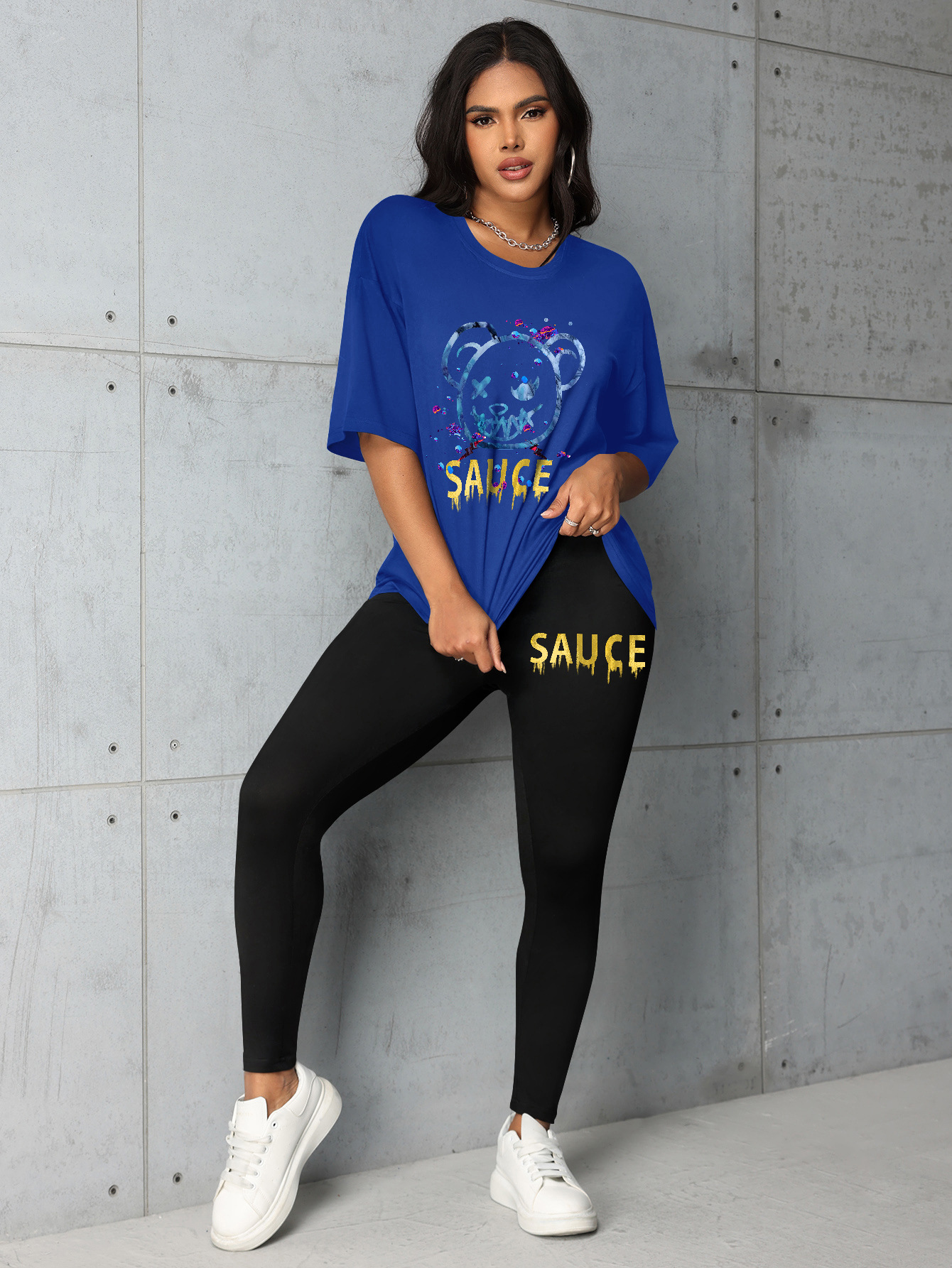 Plus Size Women’s Matching Set With Letter & Bear Print Summer_voghion.com