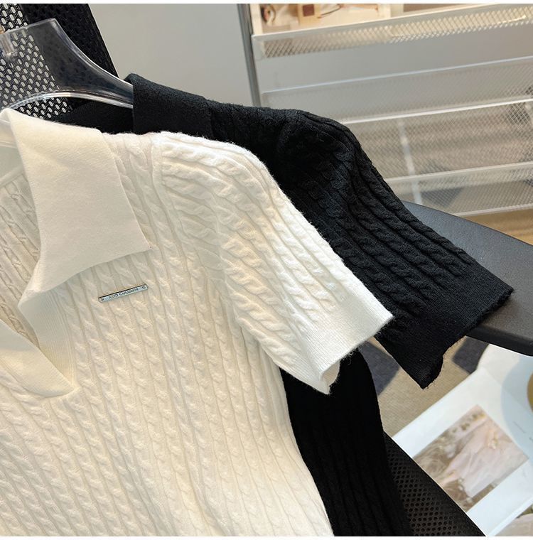 Polo Collar Ice Silk Knit Top For Women, Thin Loose Fit, Slimming, Plus Size, Short Sleeve T-Shirt_ecoleips.com