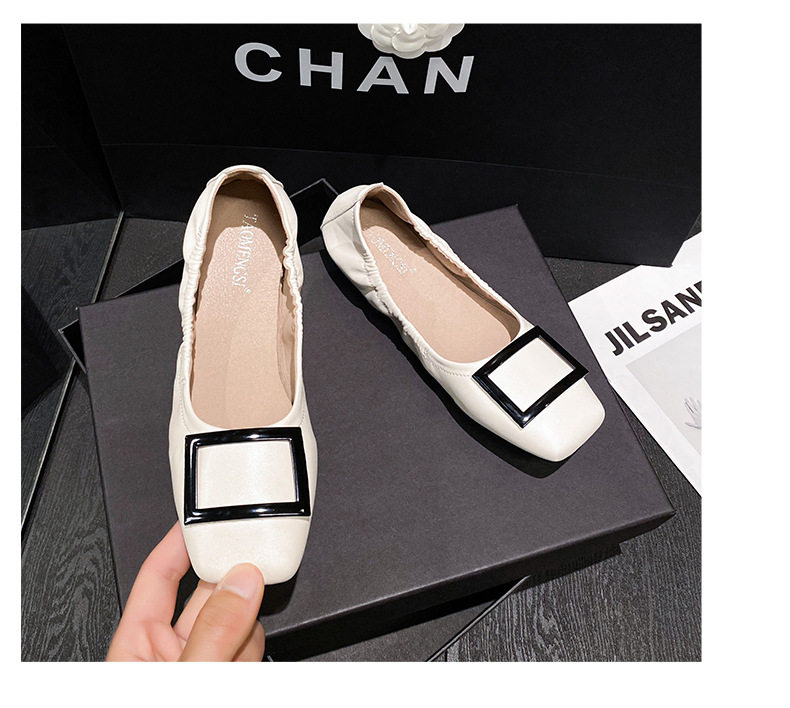 Giày búp bê nữ mũi vuông phối khóa vuông, quai thun mềm, đế bằng êm chân — Màu mơ, Màu đen chi tiết 26