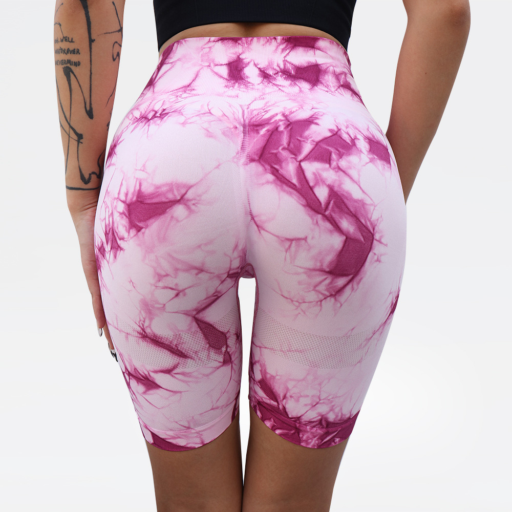 En stock sin costuras Peach Hip tie-dye pantalones cortos de yoga cintura alta slim fit Pantalones deportivos estiramiento transpirable pantalones cortos de fitness