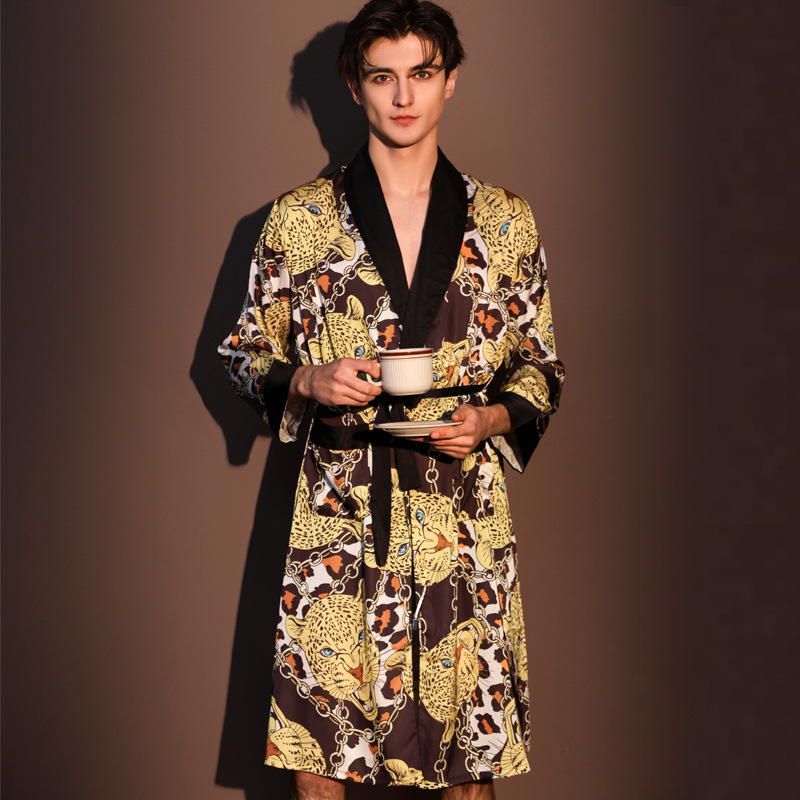 Cross-Border Satin Nightgown for Men, Summer Thin Bathrobe, Large Size Leopard Head Ice Silk Loungewear, Spring and Autumn Trendy Style
