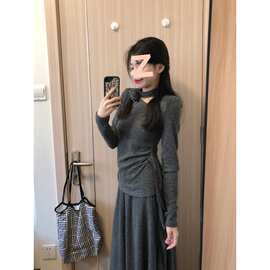 法式灰色连衣裙子套装女高级感针织衫上衣半身长裙子两件套春秋季
