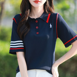 Ice Silk Contrast Color Embroidered Polo Collar Short-Sleeved Women's T-Shirt Summer New Loose and Versatile Slim Fashion Preppy Top