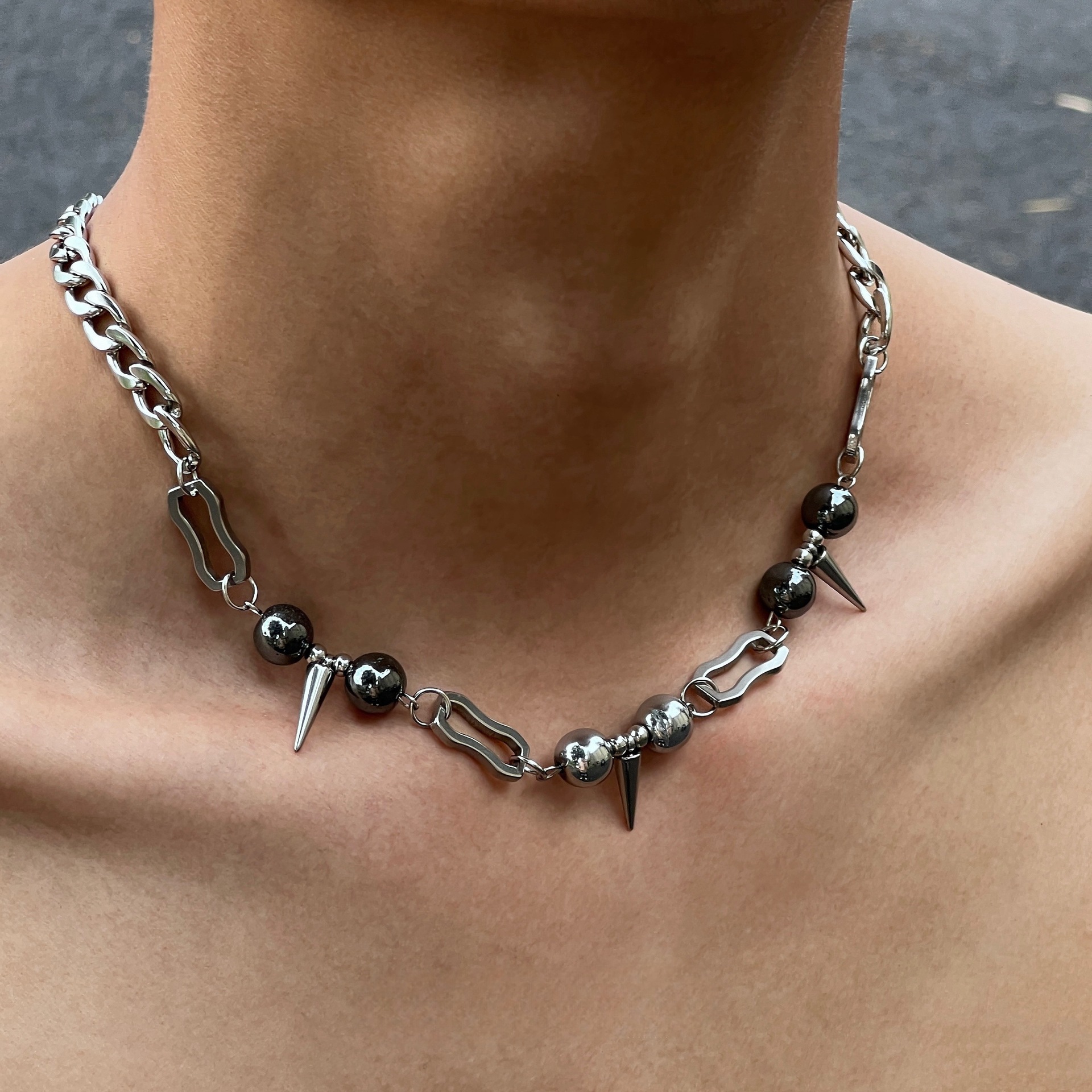 Titanium Steel Rivet Splicing Necklace Men's Trendy Stylish Hip-Hop Dark Gothic Punk Non-Fading Chain Niche Necklace