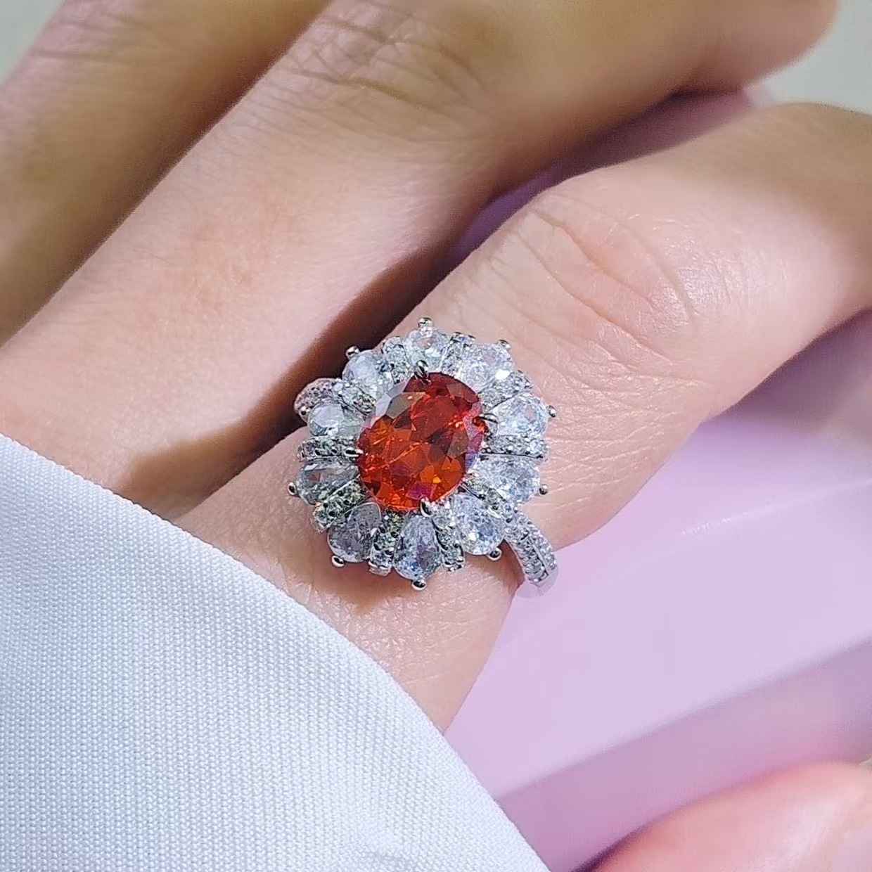 Exaggerated Orange Zirconia Flower Ring Vintage Adjustable Ring_voghion.com