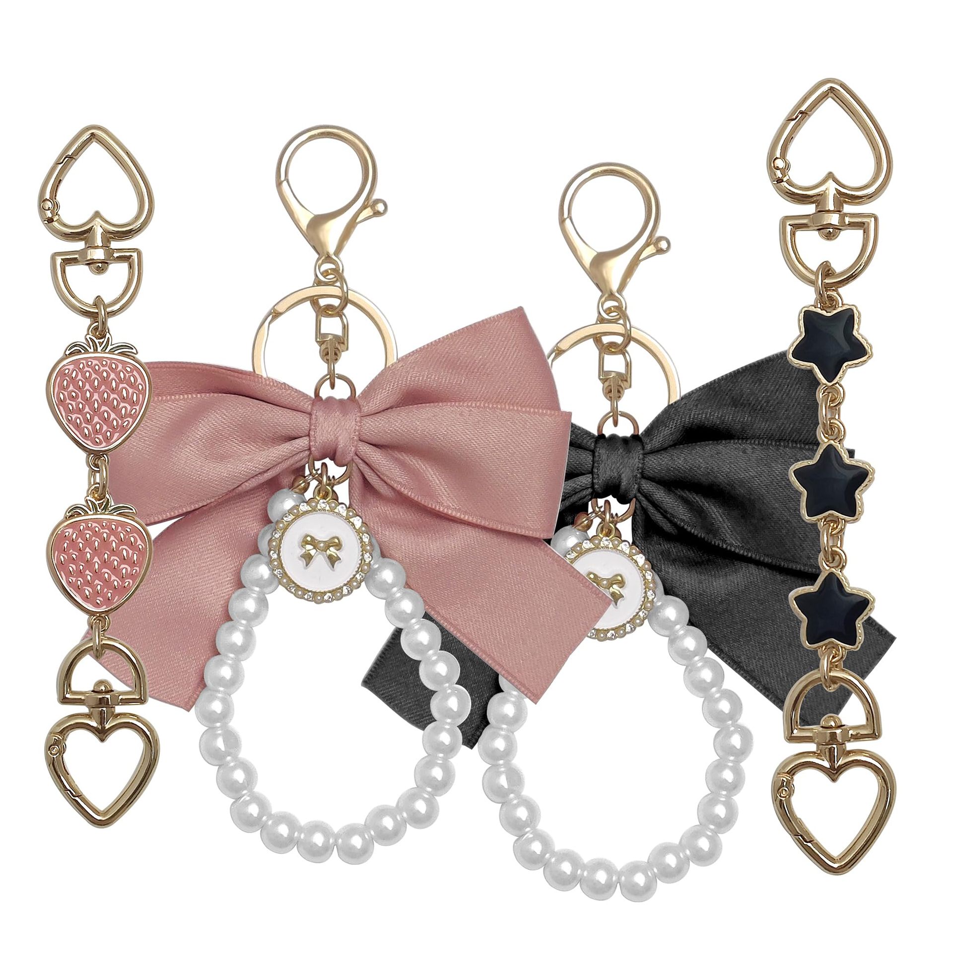 Ventas transfronterizas calientes cinta arco cadena de perlas llavero de metal colgante de flores bolsos de chicas regalos colgantes