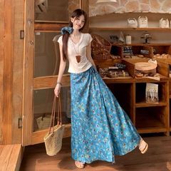 ブルー花柄油絵レースアップスカート女性のための 2025 夏の新スリム V ネック半袖 T シャツ 2 点セット