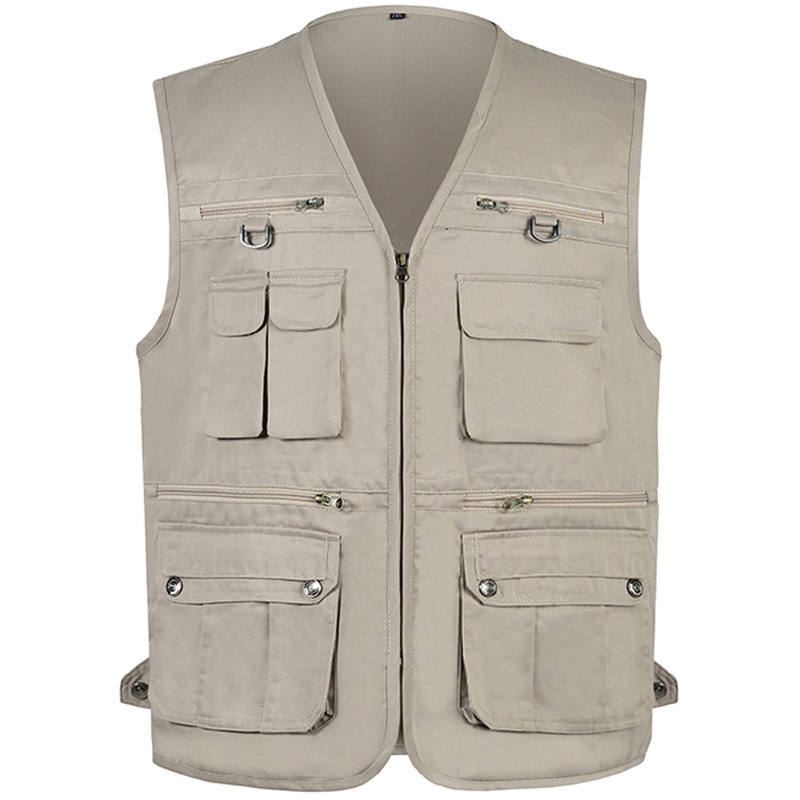 Cross-Border Supply Outdoor Casual Off-White Vest Canvas Reporter Vest Fishing Multi-Pocket Loose Zipper Vest Cross-Border Supply Outdoor Casual Off-White Vest Canvas Reporter Vest Fishing Multi-Pocket Loose Zipper Vest