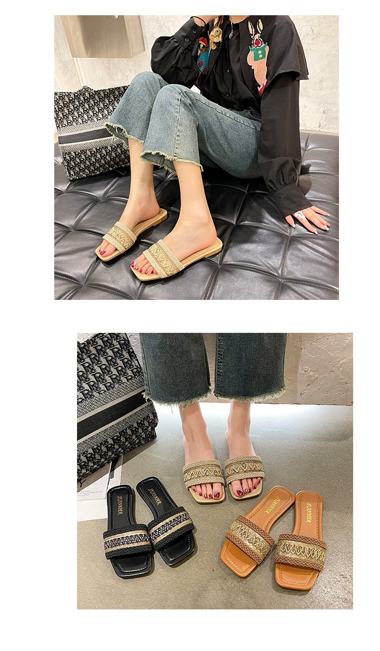 Große einreihige Hausschuhe mit flacher Sohle für Damen im ethnischen Stil, gewebte Strandsandalen mit quadratischer Zehenpartie_voghion.com