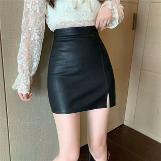 黑色pu小皮裙女半身裙秋冬季高腰包臀气质短裙开叉小个子a字半裙
