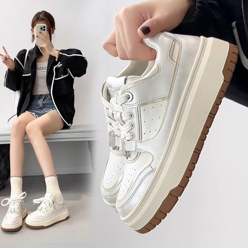 [Clearance Sale] Genuine leather white sneakers for women, retro style, fashionable, with a thick sole, and designed for casual wear