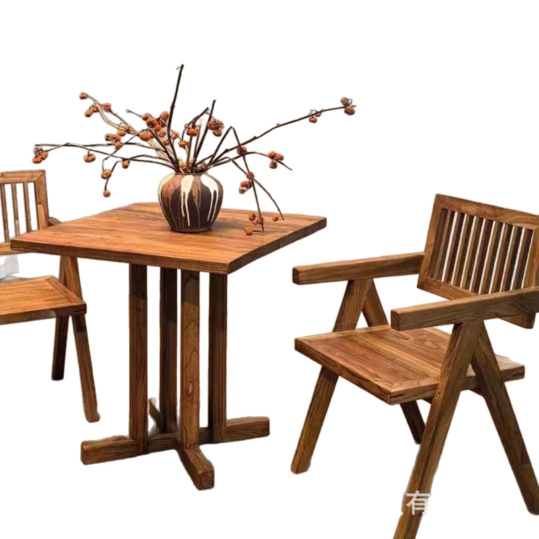 Wabi-Sabi Style Old Elm Coffee Table, Guesthouse Tavern Solid Wood Square Table, Home Living Room Chinese Retro Dining Table and Chairs