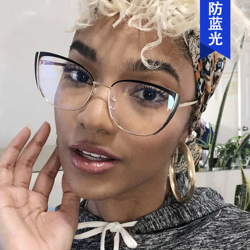 Cross-border European and American ins cat-eye metal glasses frame  new anti-blue light flat mirror painted glasses frame personality