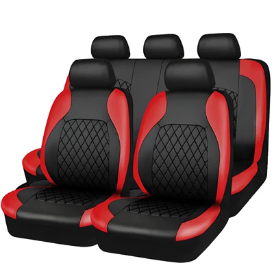 Universal seat cover quilted embroidered full leather artificial leather pu - red-50130