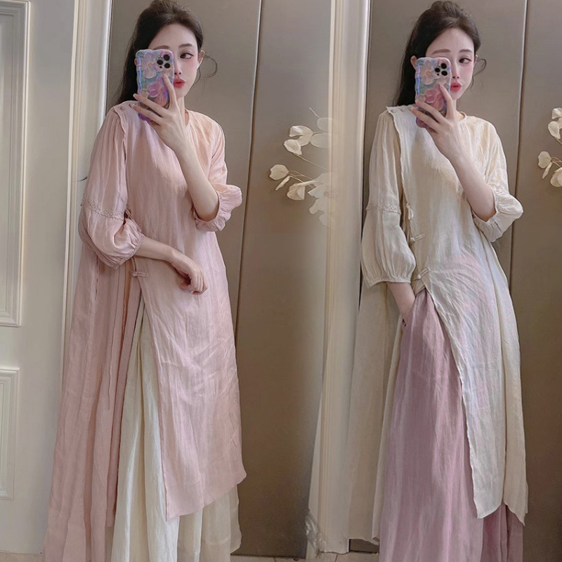 Summer New Style Quality Ramie Handmade Buckle Lace Lace Guofeng dress Double-Layer Skirt suit Summer New Style Quality Ramie Handmade Buckle Lace Lace Guofeng dress Double-Layer Skirt suit