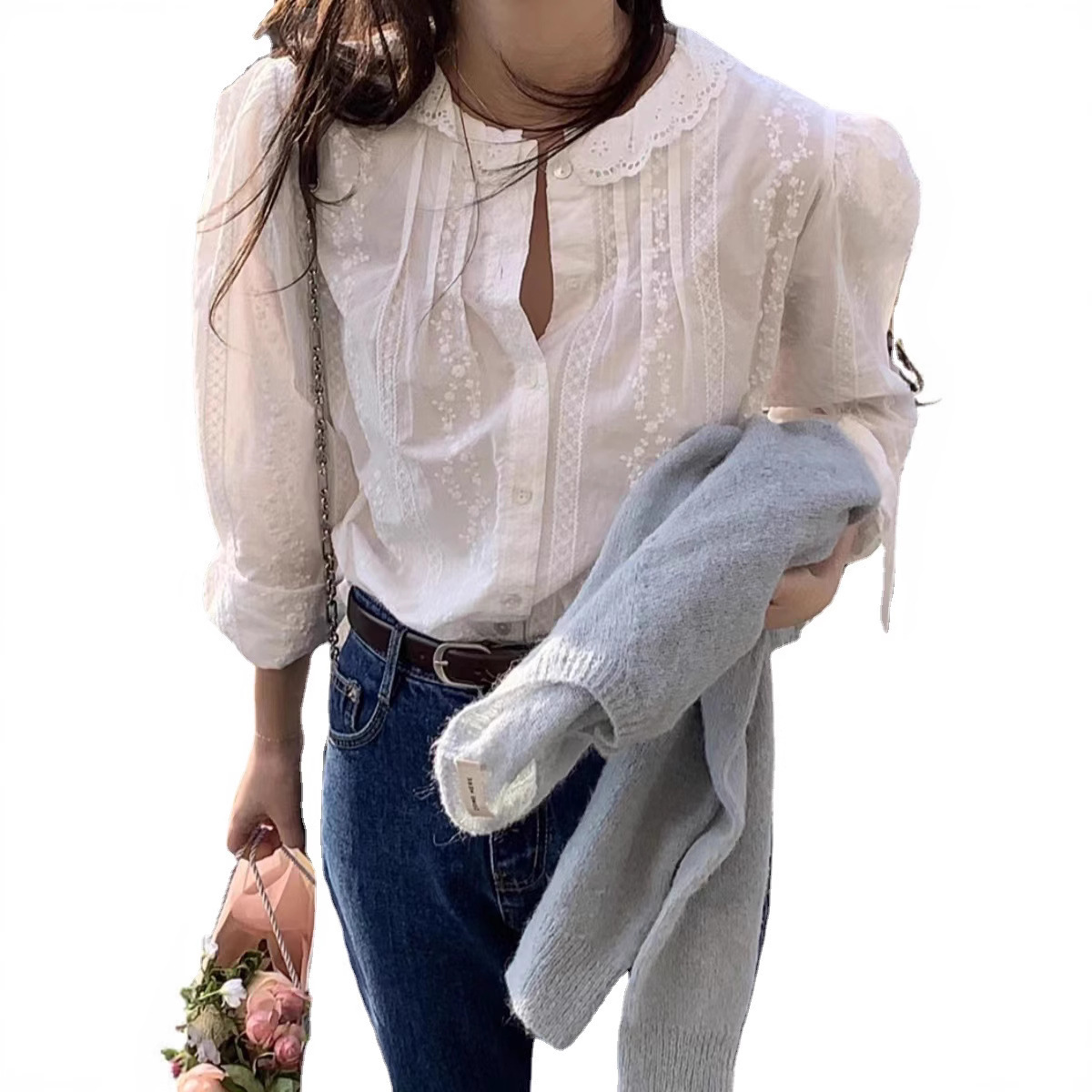 Camisa de mujer con diseño de mangas de burbuja y encaje, estilo retro, versátil y adelgazante, verano 2023