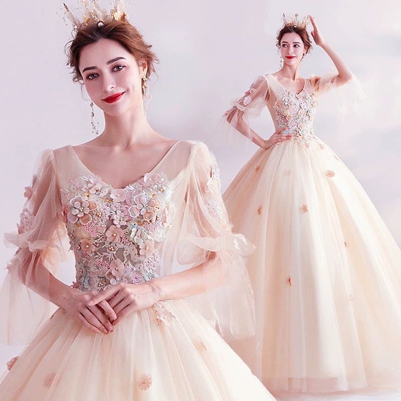 Long small princess costume, evening dress, European style, champagne color, flowered, tutu skirt
