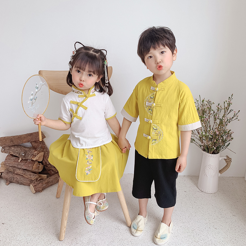 Children's Performance Outfits, Class Uniforms, Hanfu, Chinese-style Kindergarten Wear, Mid-Autumn Festival Short-Sleeve Sets for Boys and Girls, and Tang Dynasty-inspired Performance Attire