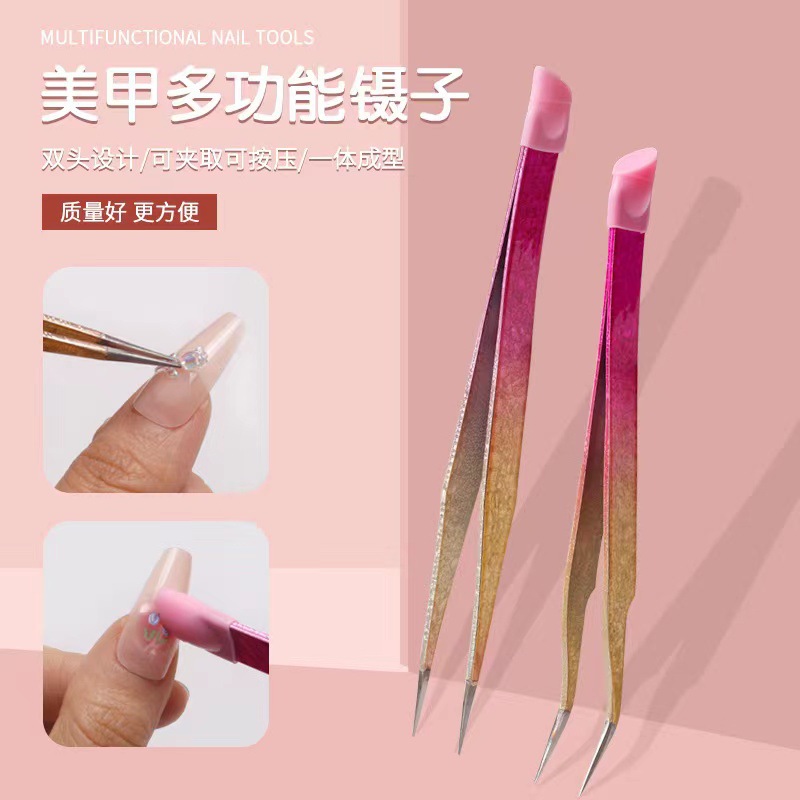 Manicura multifuncional pinzas de doble cabeza clip de uñas cinta adhesiva de silicona presionando palo en relieve herramientas de uñas japonesas